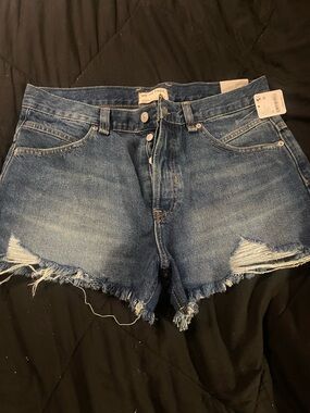 We The Free Frayed Mid-Blue Distressed Denim Shorts